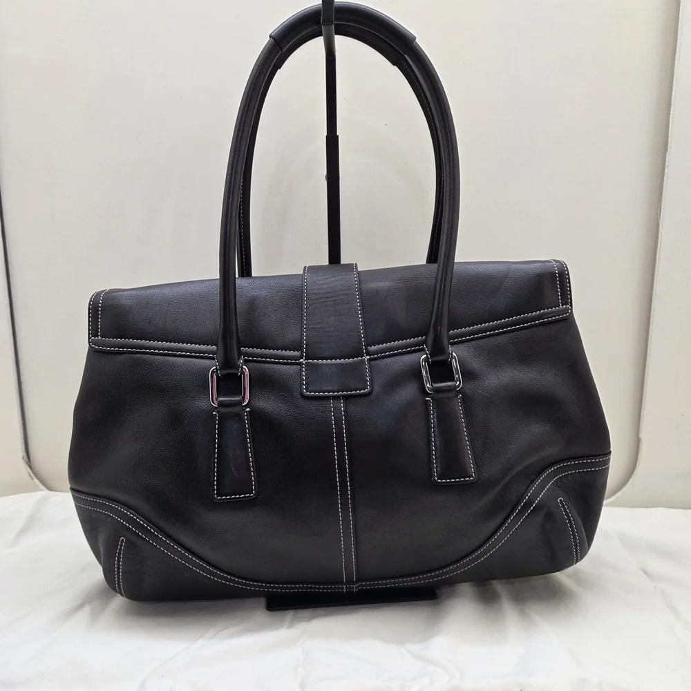 Coach Black Leather Satchel Tote | White Contrast Stitching | Turnlock Buckle | - Picture 2 of 6